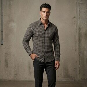 Mondo di Marco Mens Medium 50 Black Tan Check Rayon Button Down Shirt Made Italy
